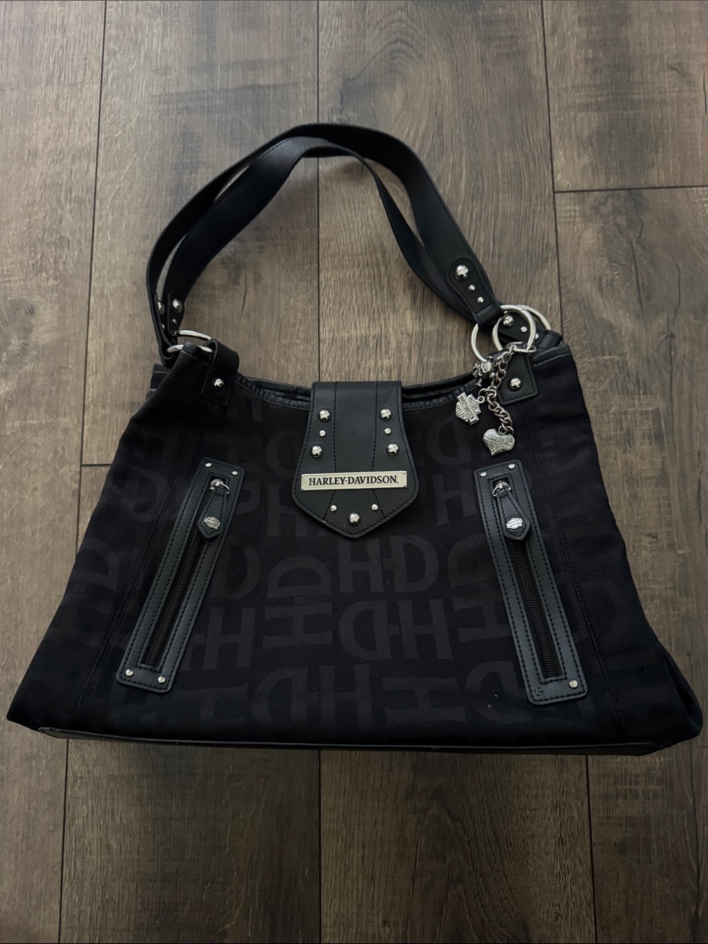 Harley-Davidson Black Shoulder Tote with Logo Jacquard and Charm